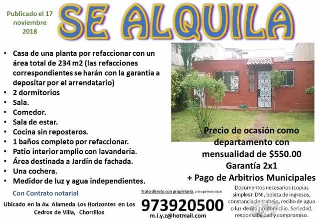 alquiler de casa de una planta en los cedros de villa - 1